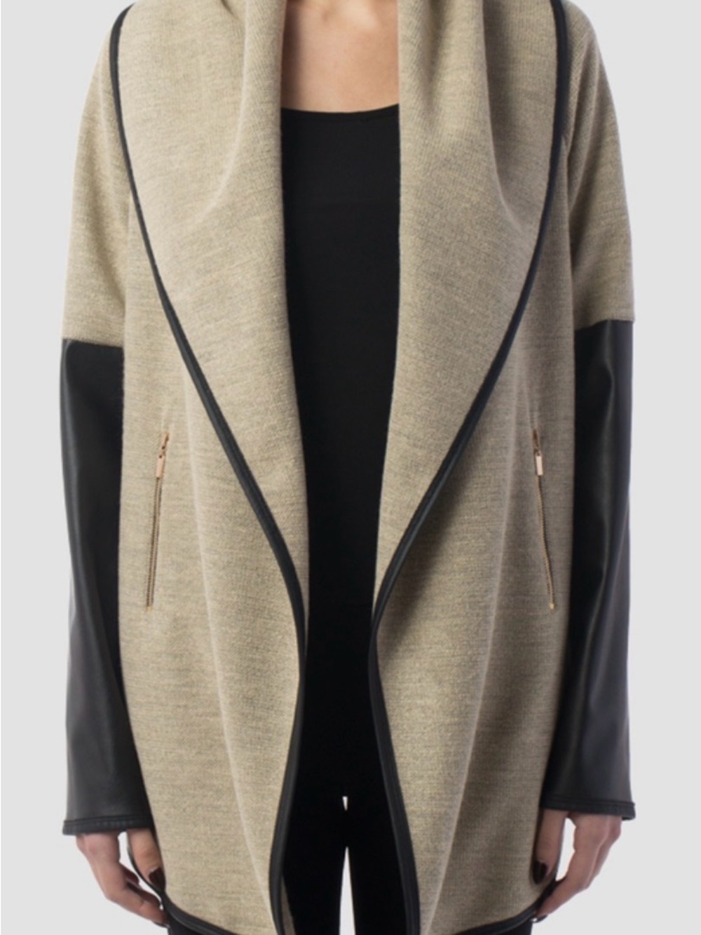 Joseph Ribkoff Beige Draped Coat with Black Faux-Leather Sleeves